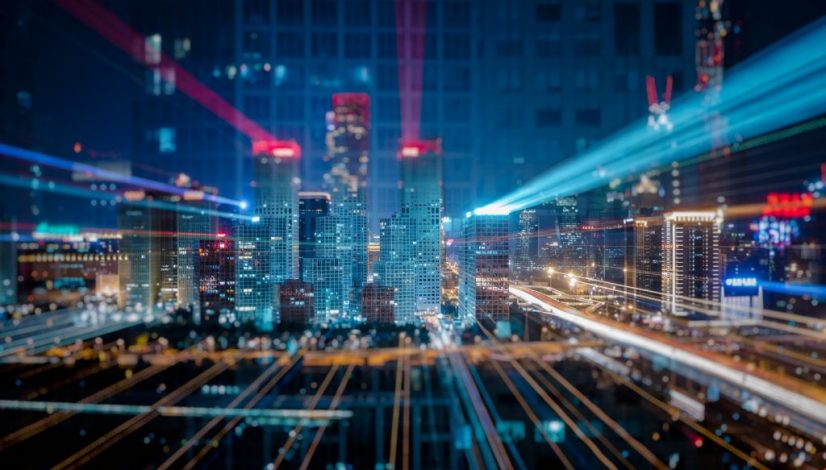 Light trails above buildings